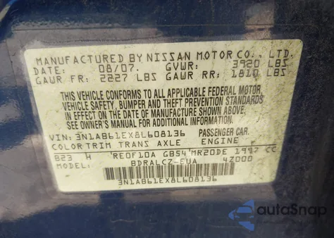 2008 Nissan Sentra 2.0 from USA, damaged, VIN 3N1AB61EX8L608136